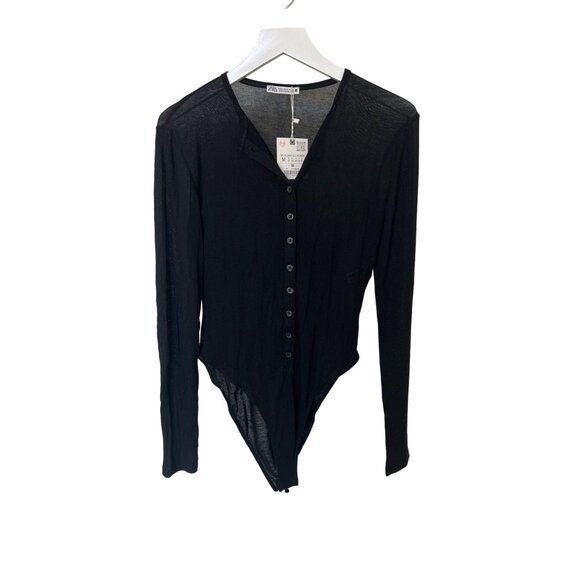 Zara Black Semi Sheer Long Sleeve Bodysuit With Button Front - Picture 2 of 4